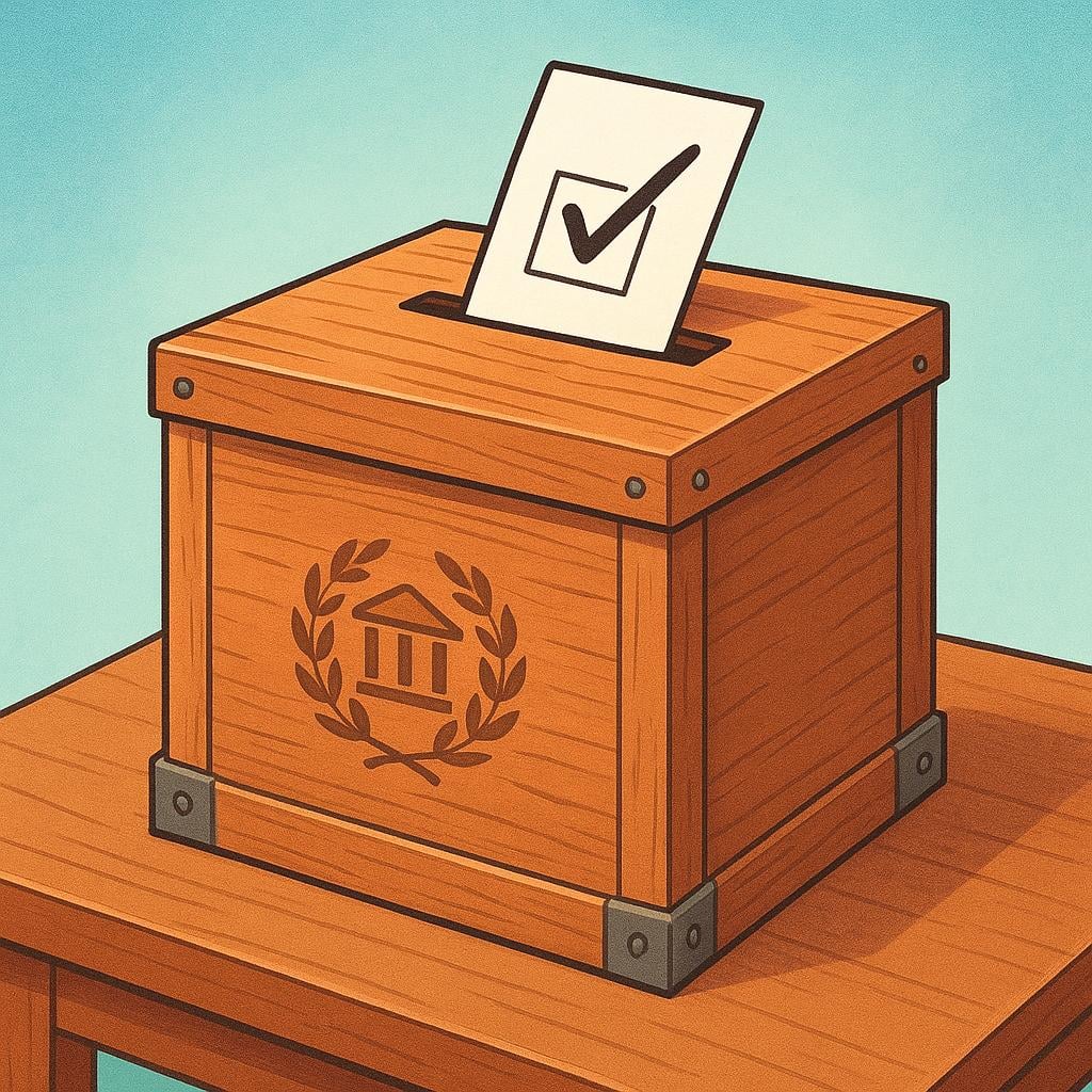 A close-up view of a simple wooden ballot box, used for voting in public affairs.