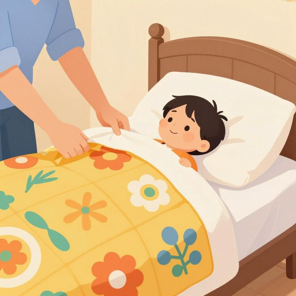 A parent gently tucking a small child into a cozy bed with a colorful quilt.