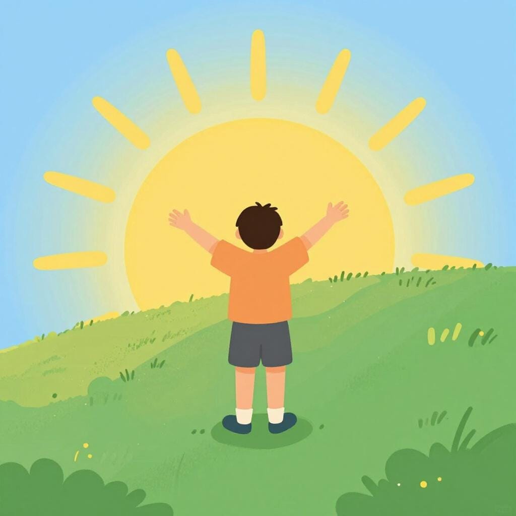 A person standing with open arms towards a bright, glowing sun on the horizon.