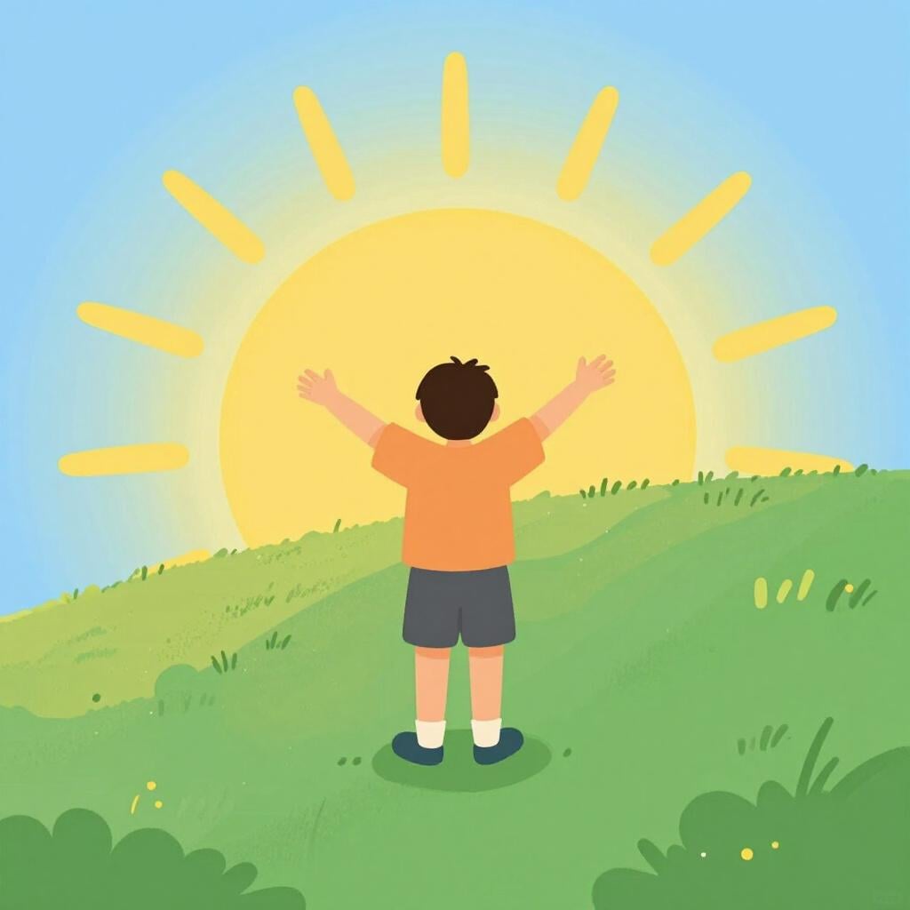 Una persona in piedi con le braccia aperte verso un sole luminoso e splendente all'orizzonte.