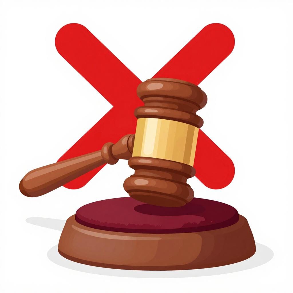 Um martelo de madeira repousando sobre uma almofada vermelha com um grande símbolo 'X' vermelho pairando atrás dele.