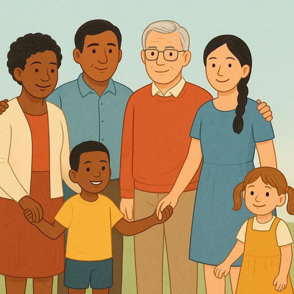 A diverse group of six people, including adults and children, standing closely together in simple, humble clothing, representing a community.