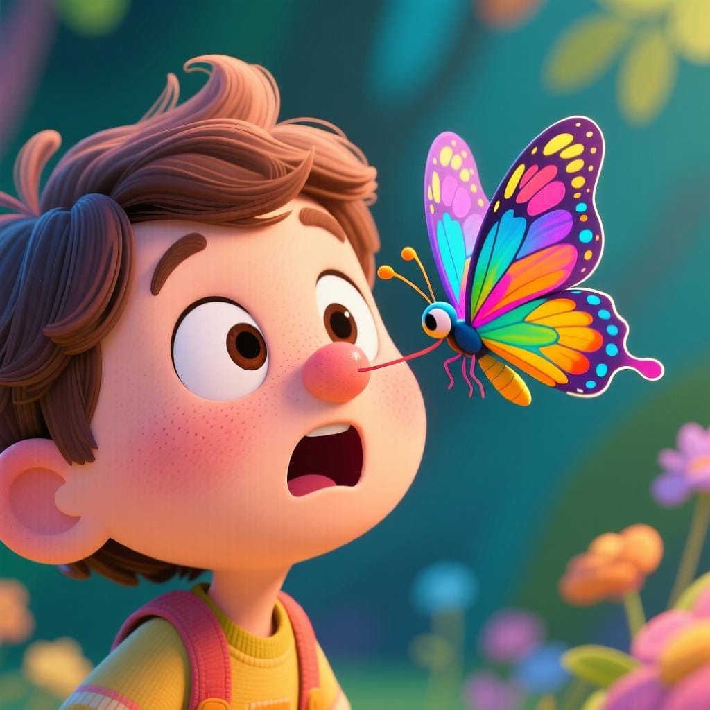 A small, happy cartoon character looking surprised as a single, colorful butterfly suddenly appears right in front of their nose.