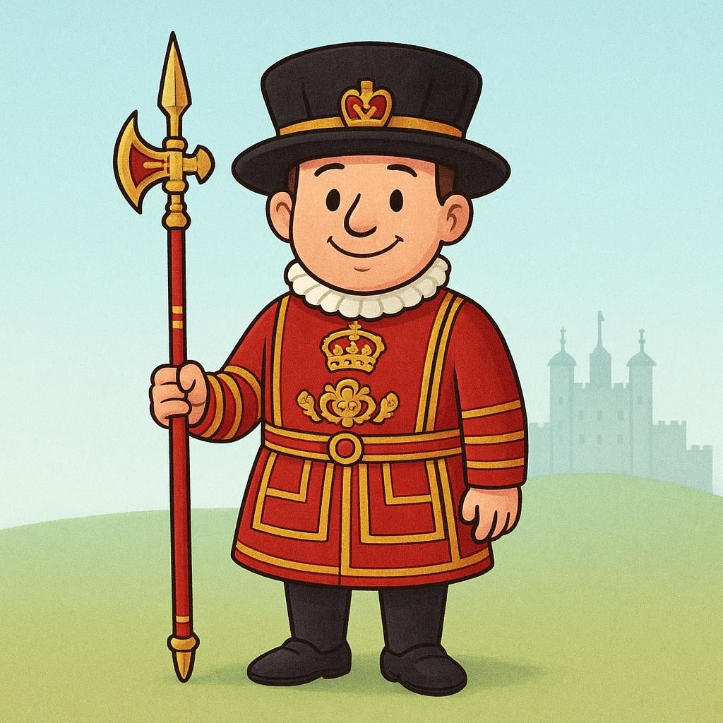 A cartoon illustration of a Beefeater (Yeoman Warder) wearing the traditional scarlet and gold uniform and large hat.