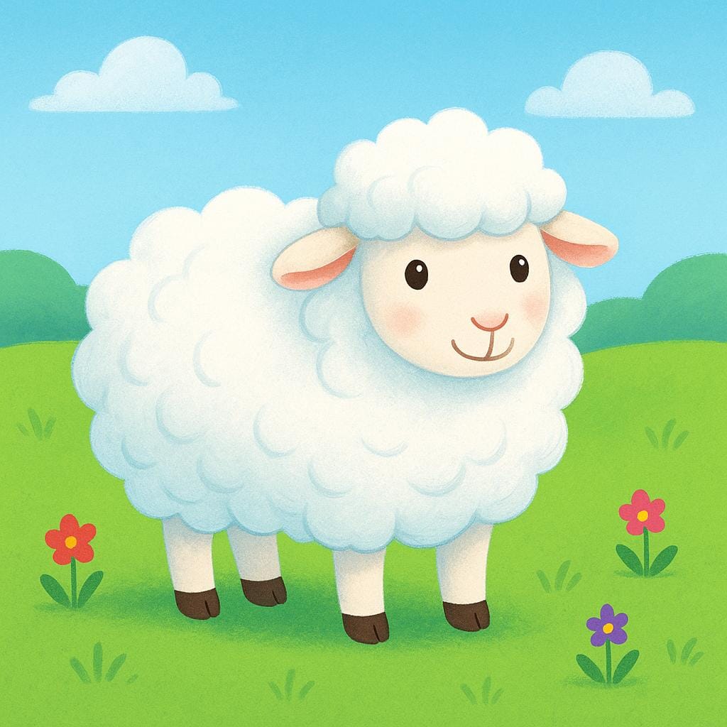 A fluffy white sheep standing in a green field under a blue sky, illustrating the color white.