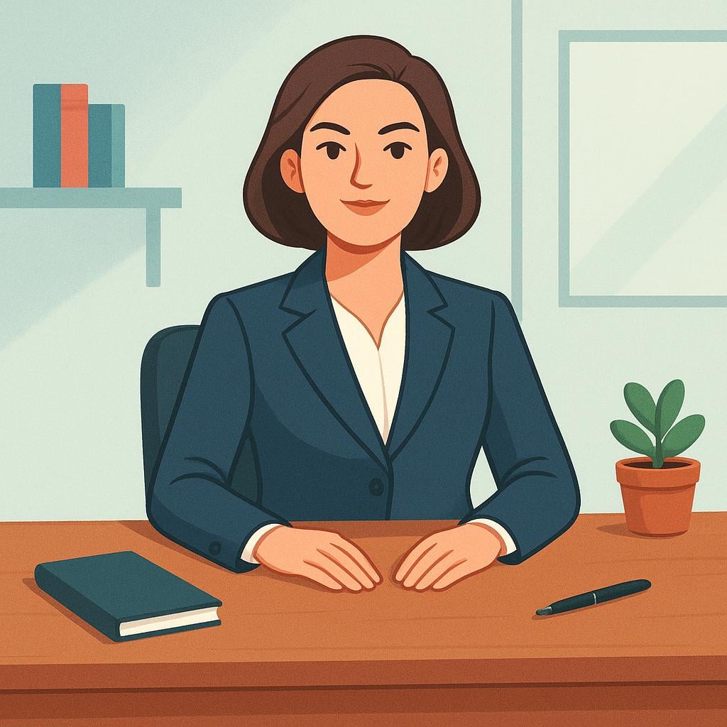 A woman in professional attire sitting behind a large, clean executive desk, looking confident and authoritative, symbolizing a manager.