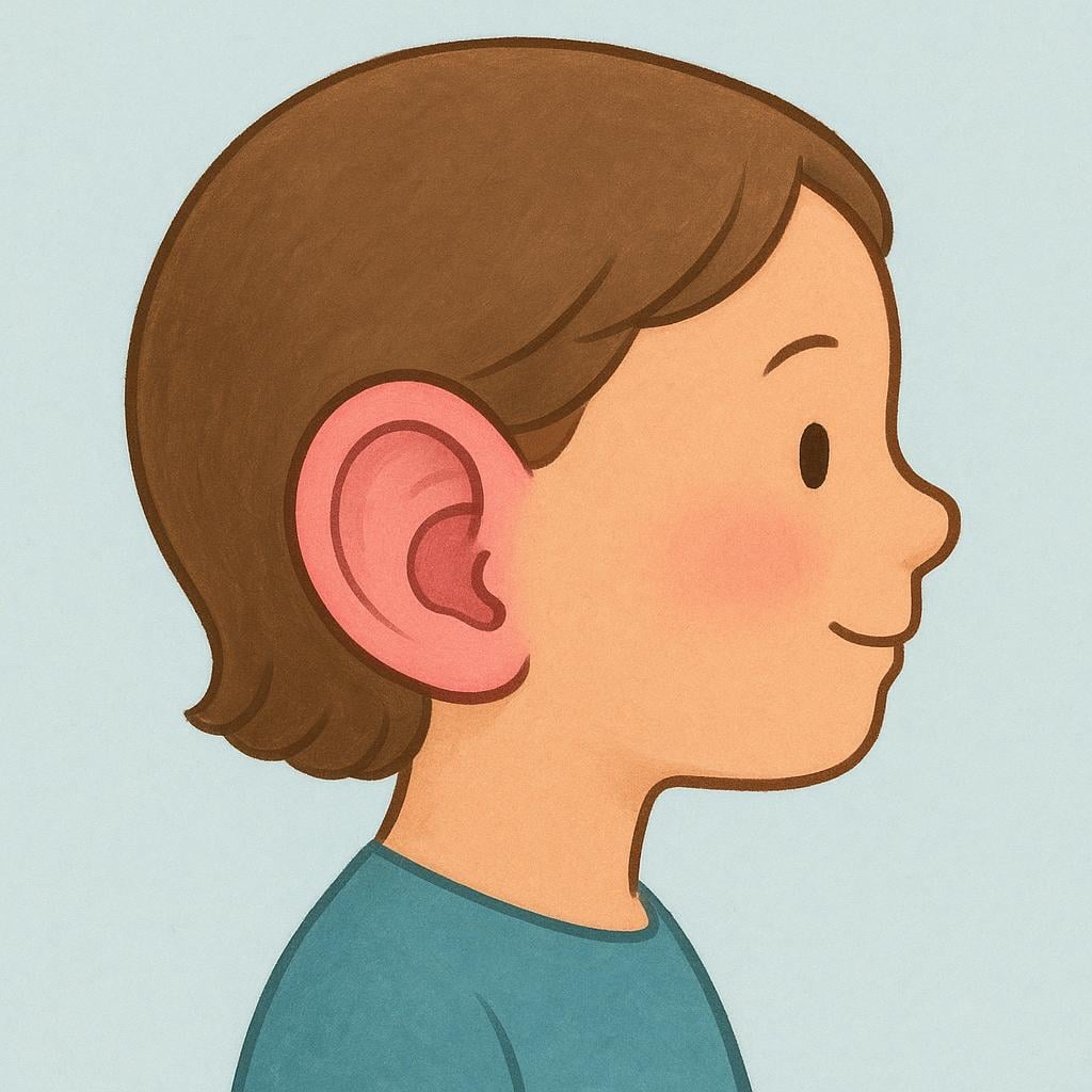A simple drawing of a child's head in profile, clearly showing one external ear.