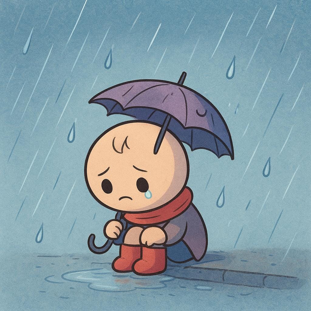 A small, dejected figure sitting alone in the rain, holding a broken umbrella.