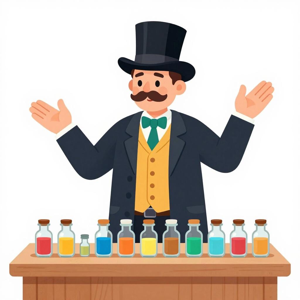 A person in a colorful costume standing behind a wooden cart, holding up a small bottle of glowing liquid to a curious crowd.