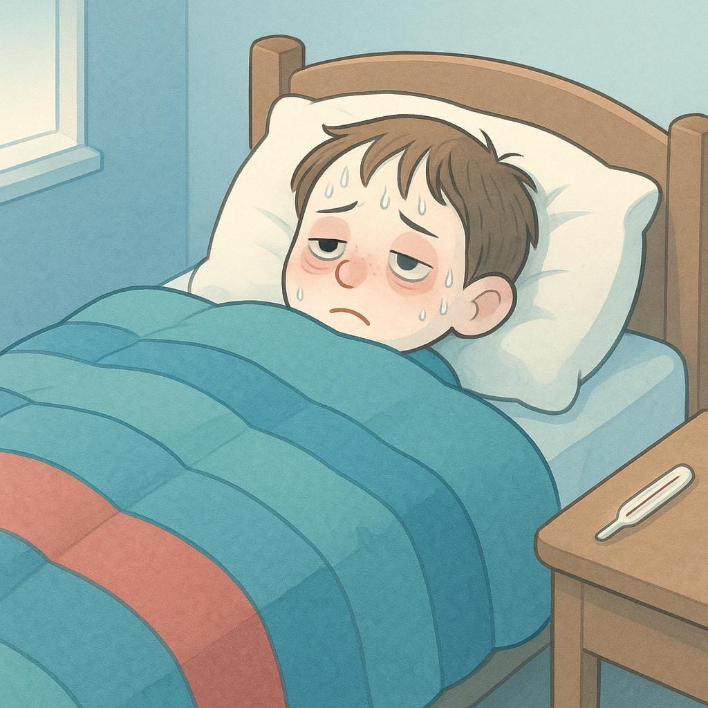 A simple, pale figure lying in a bed under heavy blankets, visibly sweating and looking severely ill.