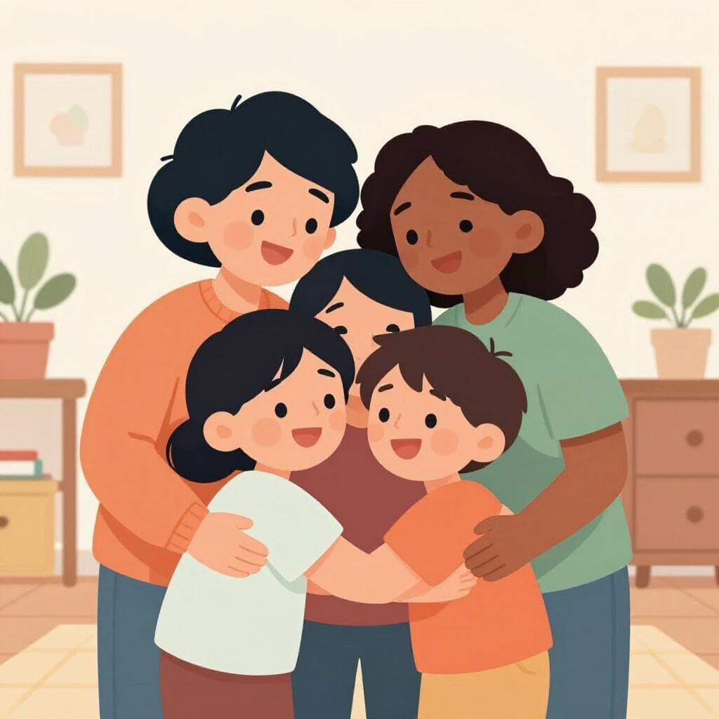 A family of four sharing a warm group hug in a cozy living room.