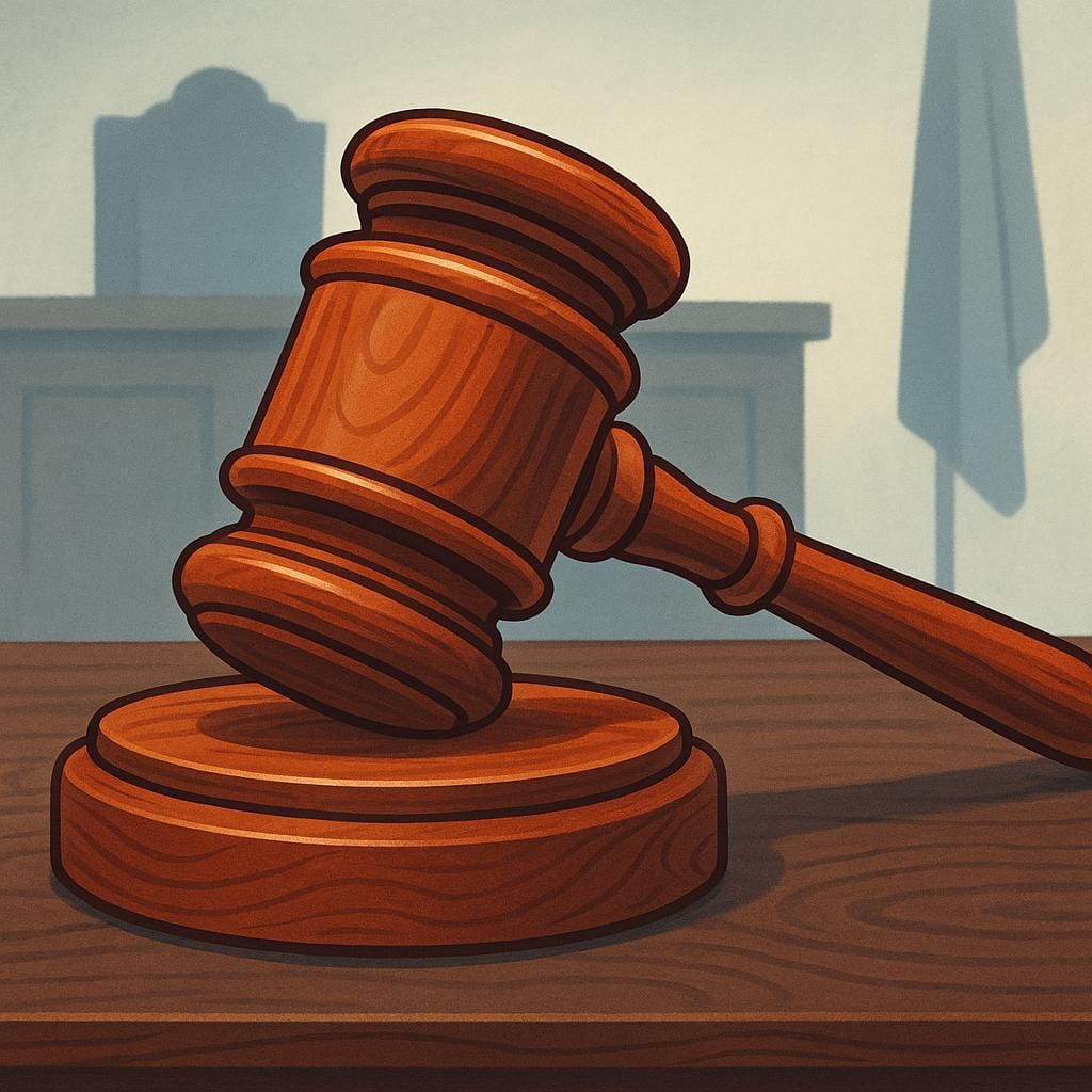A close-up illustration of a wooden judge's gavel resting on its sound block, symbolizing a legal trial.