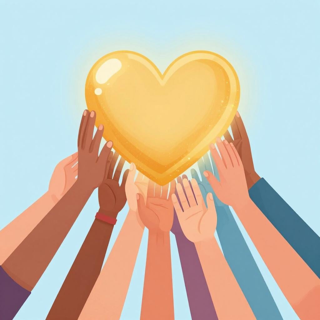 A group of colorful hands reaching out to hold up a large, glowing golden heart together.