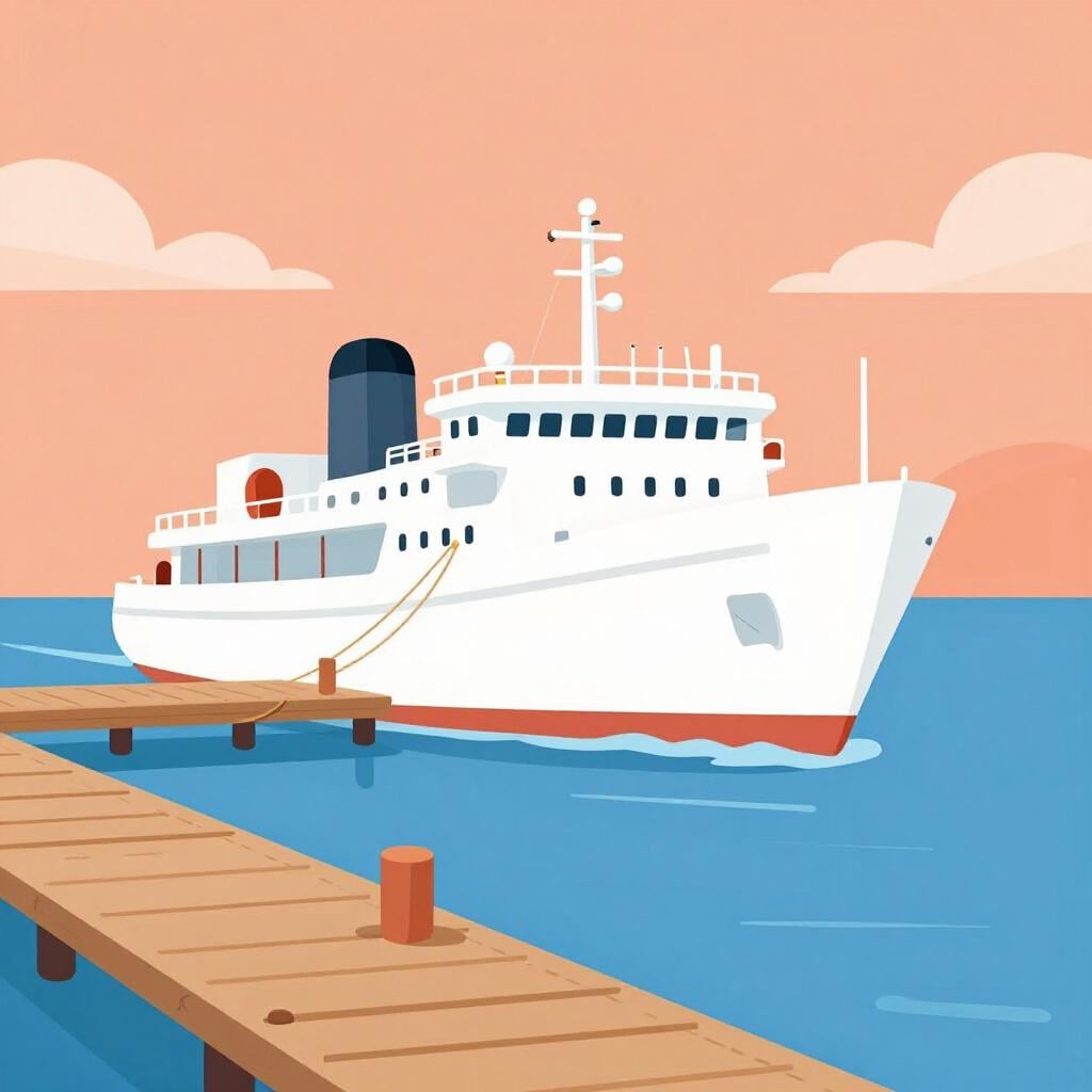 Um navio branco a chegar a um porto calmo ao pôr do sol.