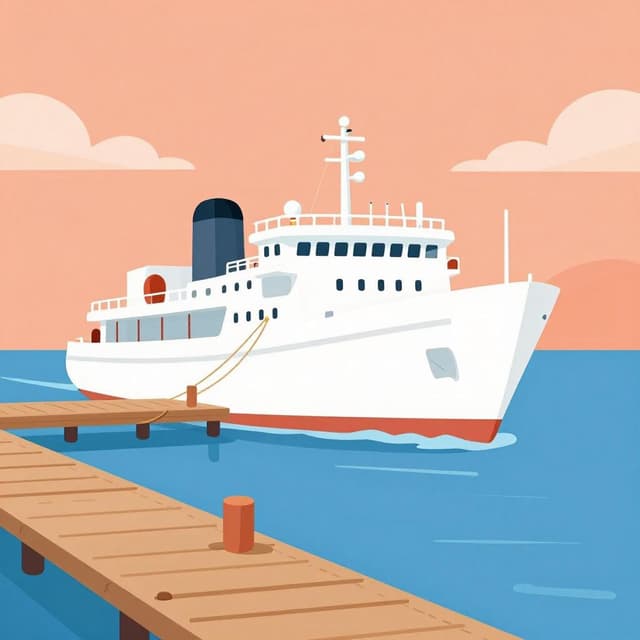 A white ship pulling into a calm harbor at sunset.
