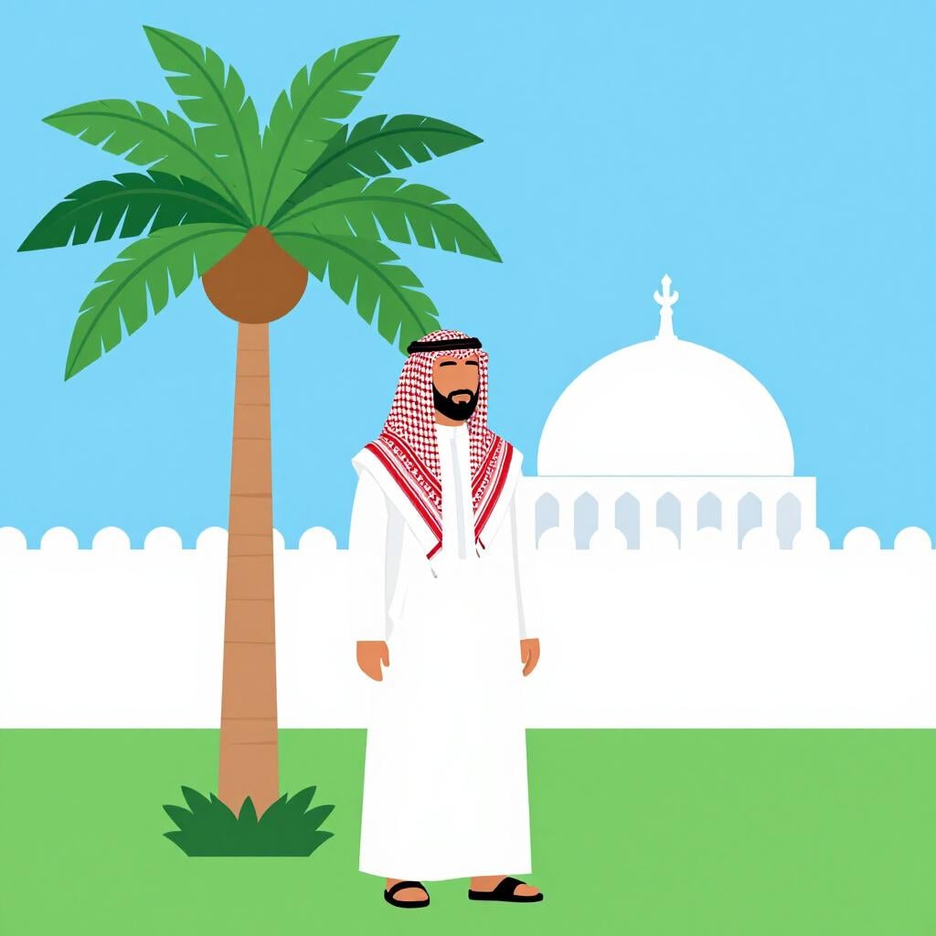 A colorful illustration of a person in traditional Middle Eastern clothing standing in front of a white dome and a palm tree.