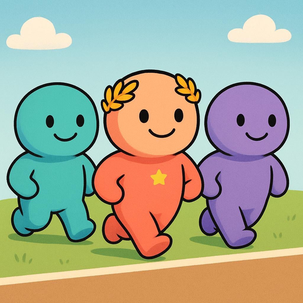 Three simplified cartoon characters lined up for a race, with one character clearly positioned ahead and wearing a small golden laurel wreath, symbolizing the expected winner.