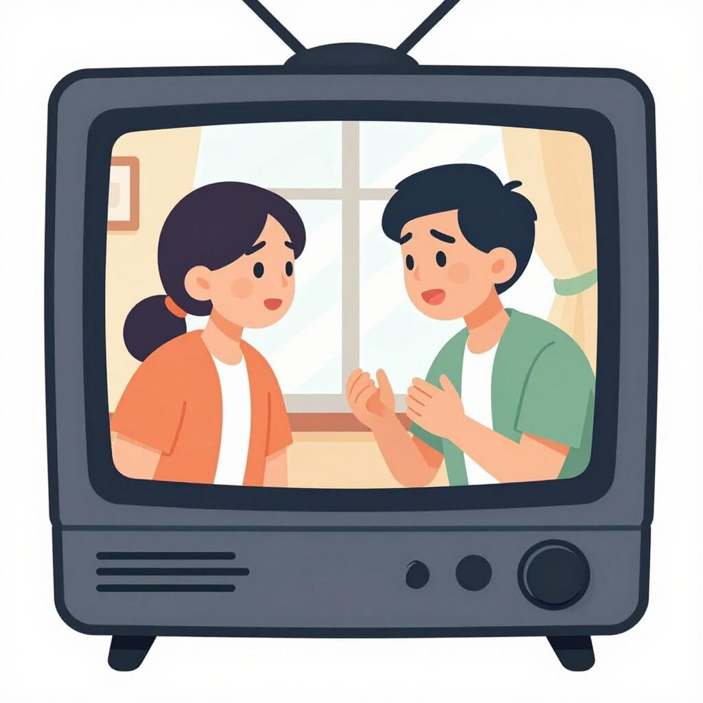 A television screen showing two people in a dramatic emotional conversation in a living room.