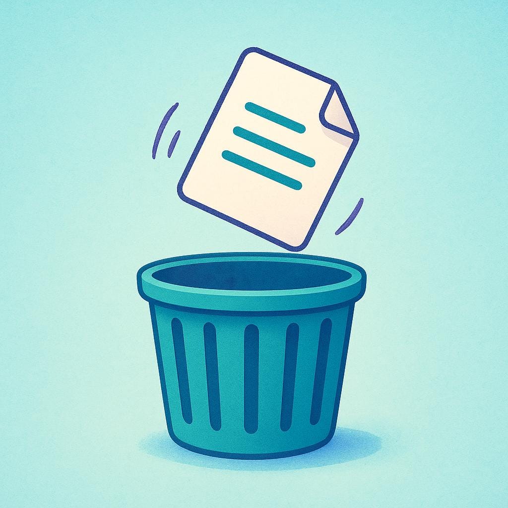 A simple, colorful illustration of a stylized digital document icon floating down into a large, open wastebasket icon, symbolizing digital deletion.