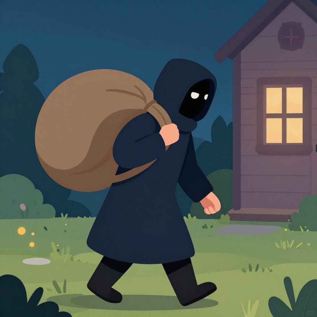 Une personne mystérieuse dans une cape sombre à capuche s'éloignant avec un grand sac sur l'épaule.