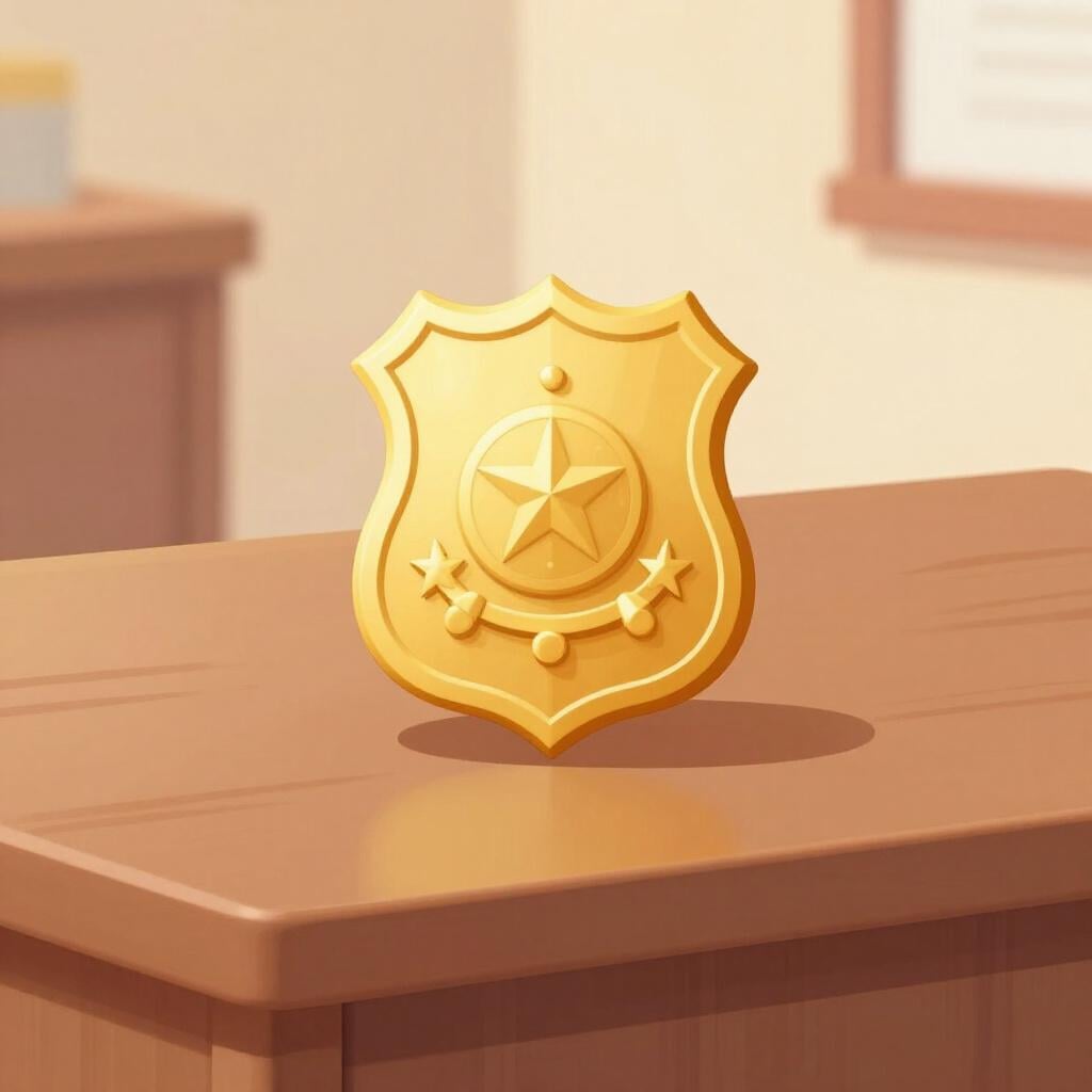 Ein glänzendes goldenes Abzeichen auf einem Holztisch.
