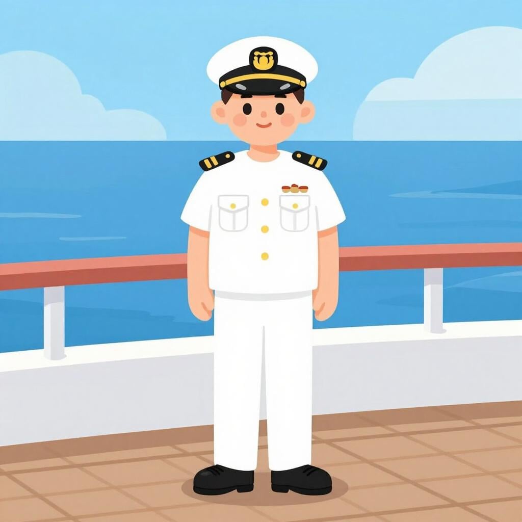 Uma pessoa simpática vestindo um uniforme profissional de marinheiro em pé no convés de um navio.