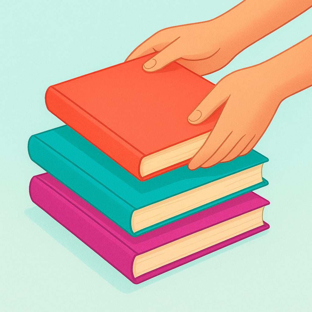 A printing press or a stack of fresh, new hardcover books being placed on a library shelf.