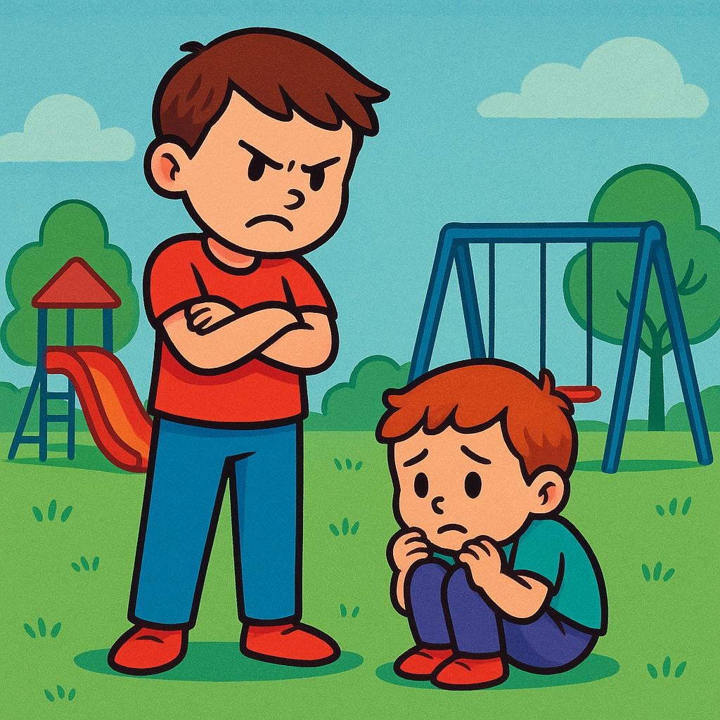 A larger, angry-looking child towering over a smaller, sad child on a playground.