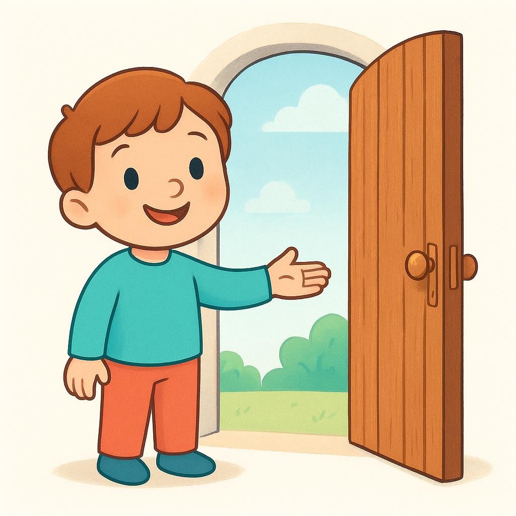 A smiling cartoon character holding a wooden door wide open, gesturing politely for another person to enter.