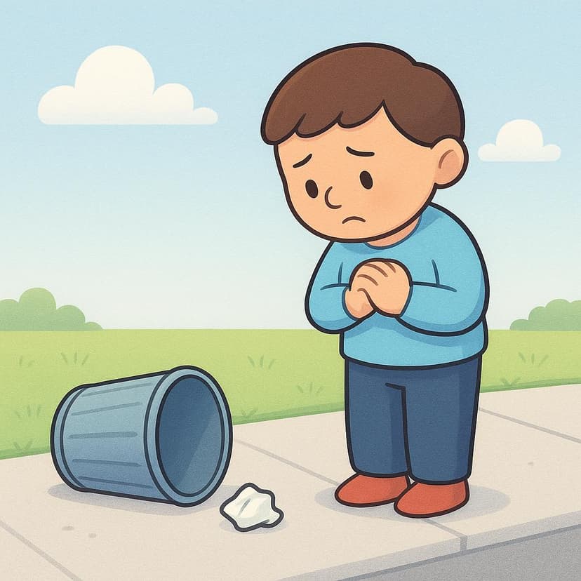 Een eenvoudige, kinderboekachtige illustratie van een cartoonfiguur dat berouwvol kijkt, staand naast een kleine, omgevallen vuilnisbak waar een stuk afval uit op de schone stoep valt.
