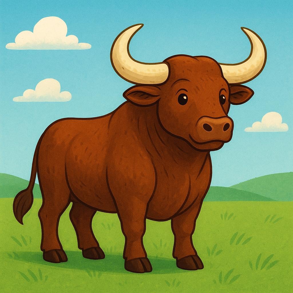A powerful, muscular brown bull with large horns standing firmly in a bright green field under a blue sky.