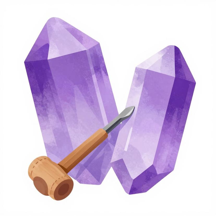 Ein bunter Kristall, der mit einem kleinen Holzhammer und einem dünnen Meißel in zwei glatte, flache Stücke gespalten wird.