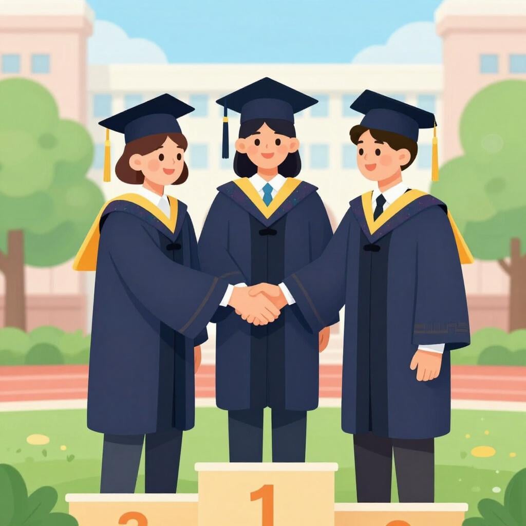 Three people wearing formal robes standing on a podium shaking hands in a celebratory manner, representing a formal gathering or ceremony.