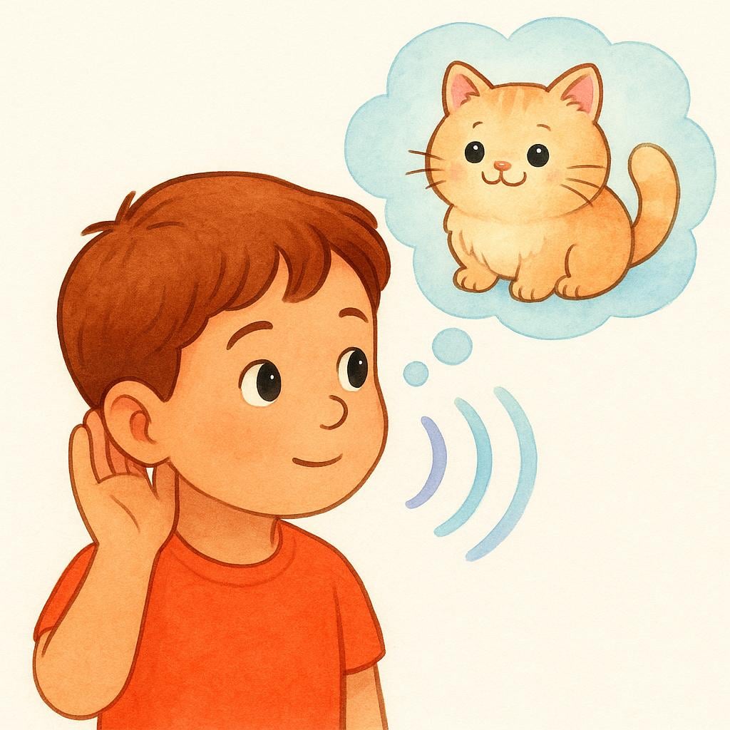 A child is sitting and listening intently, with sound waves entering their ear. Above the child's head is a thought bubble containing a fluffy cat, representing the impression or interpretation of the sound they heard.