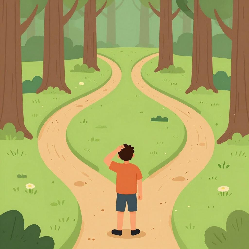 Una persona in piedi davanti a tre sentieri identici in una foresta verde, grattandosi la testa confusa.