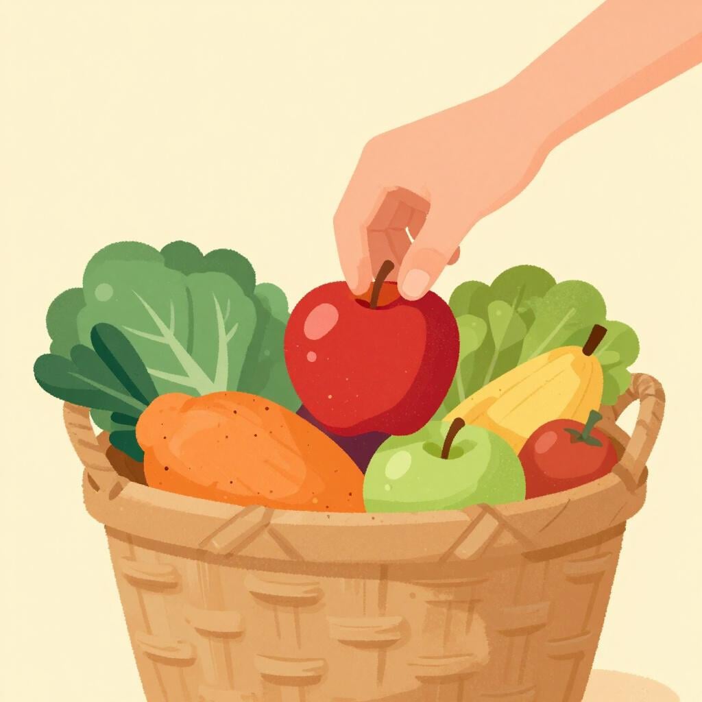 A person placing a bright red apple into a large basket filled with food for others.