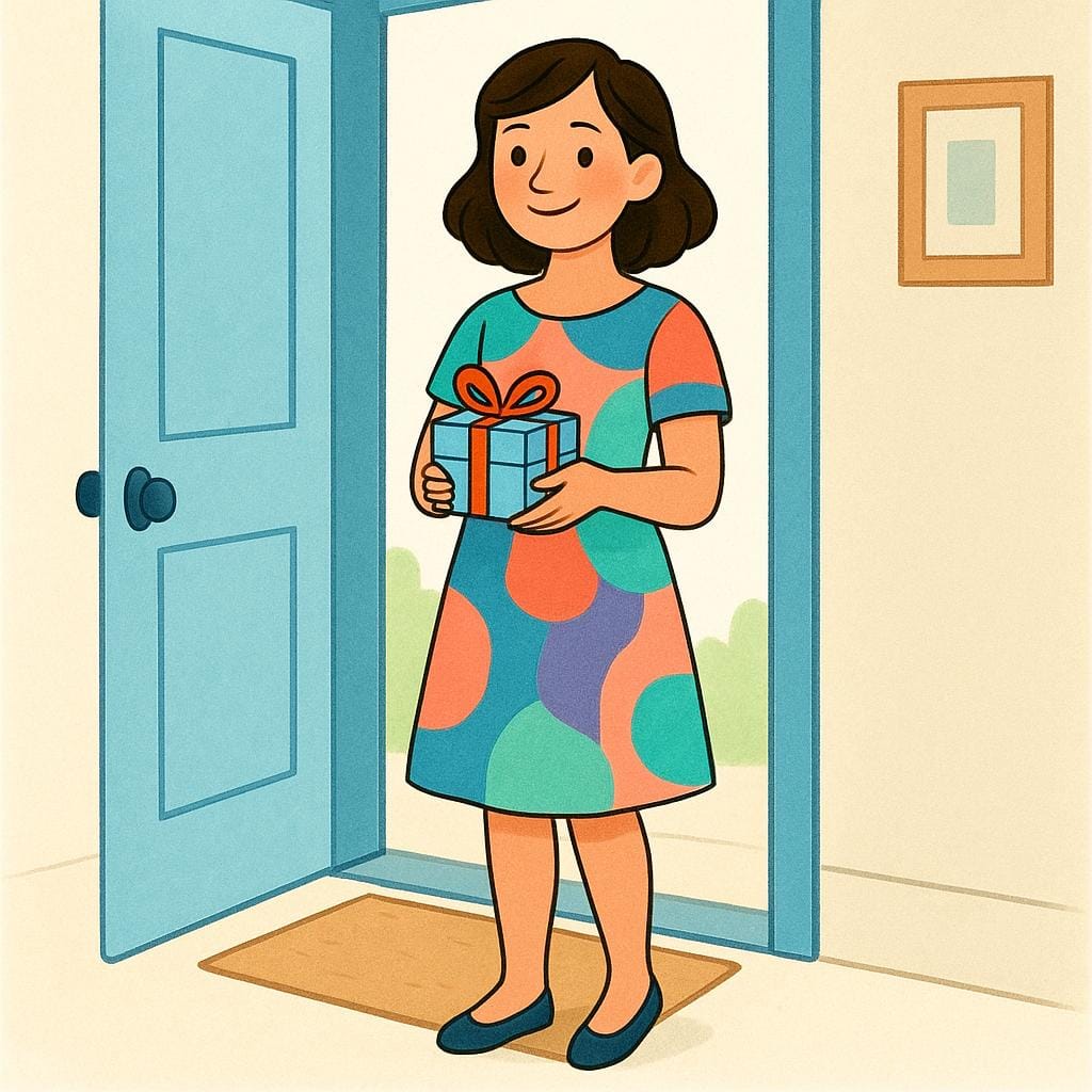 A smiling woman wearing a colorful party dress holds a brightly wrapped gift while standing in the doorway of a house, ready to enter the event.