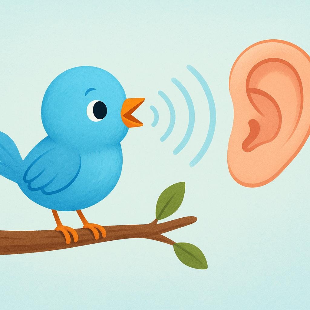 A brightly colored small blue bird perched on a branch, singing loudly. Stylized, visible sound waves emanate from the bird's beak towards a large, simple, human ear shape floating nearby.