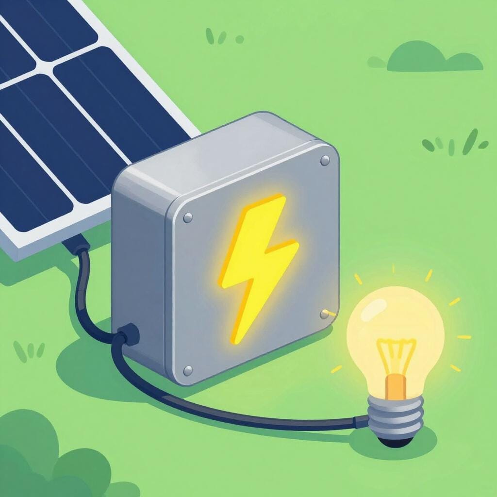 A simple electronic box with a glowing lightning bolt icon connected to a solar panel and a light bulb.