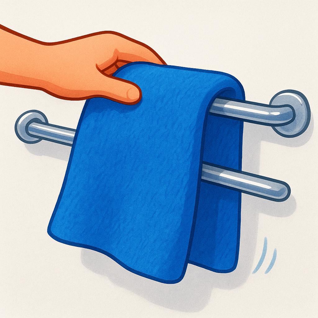 A close-up shot of a hand actively placing a bright blue towel onto a chrome towel rack.