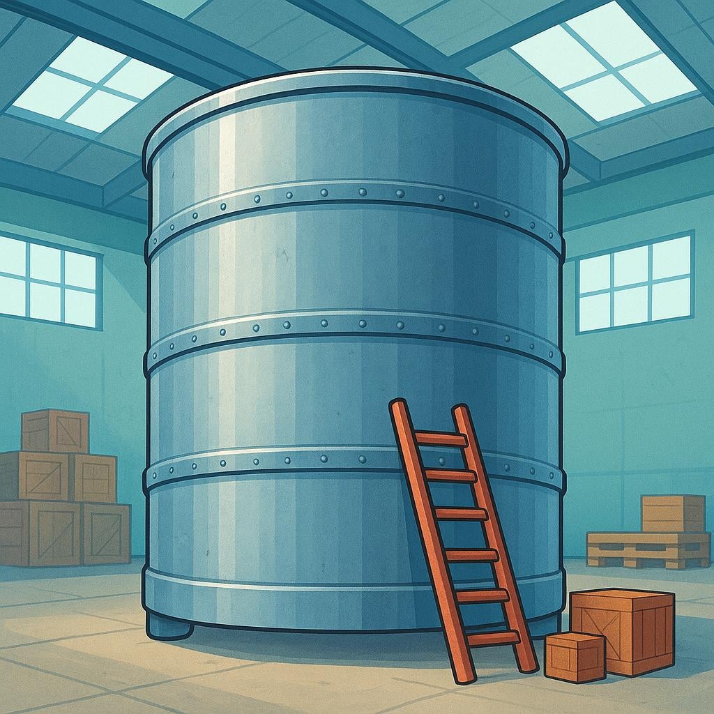 A massive, cylindrical, metal industrial vat, standing on the floor of a simple warehouse or factory environment.