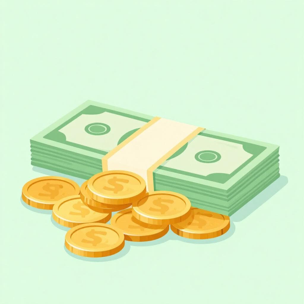 Une petite pile de pièces d'or et une pile de billets de banque sur un fond uni.