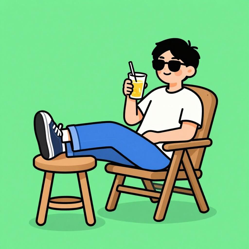 A person wearing comfortable clothes and sunglasses leaning back in a wooden chair with their feet up on a small stool.