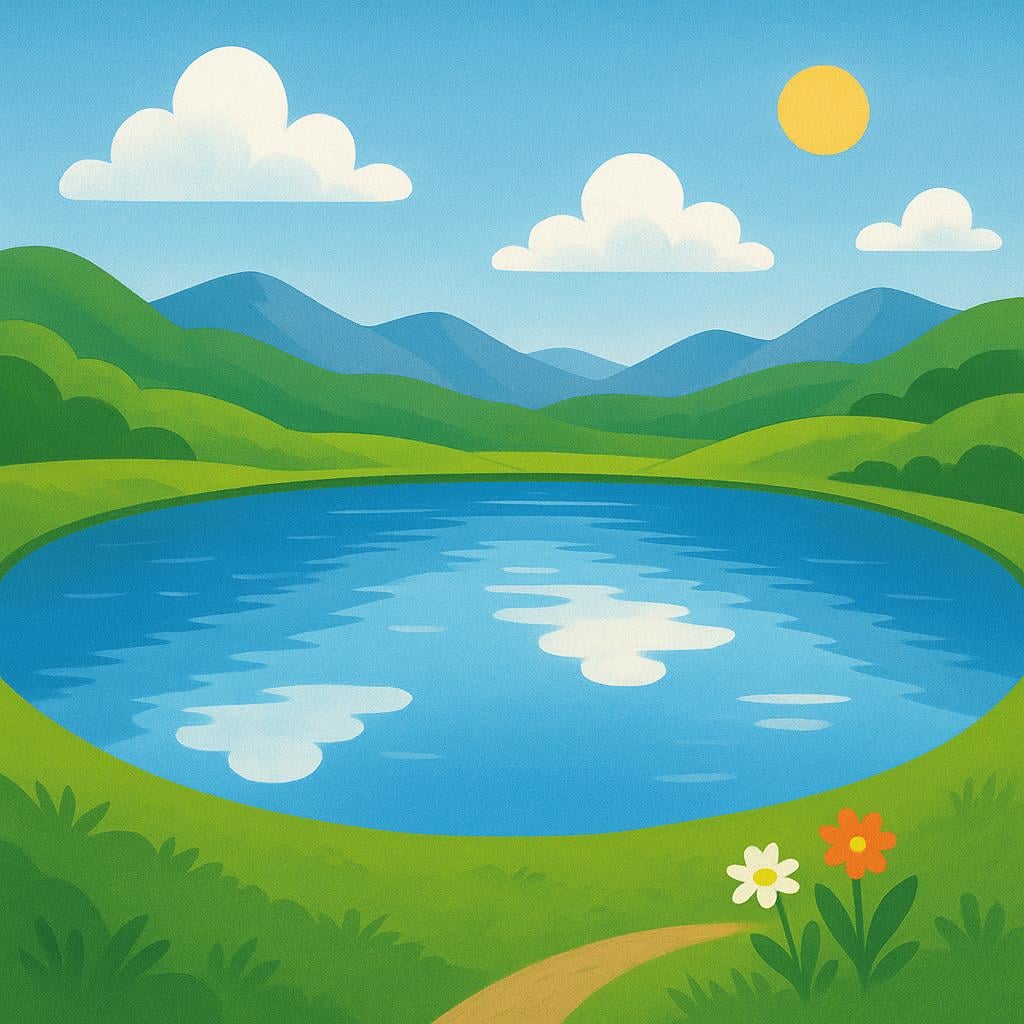 A wide view of a still blue lake surrounded entirely by lush green hills and a few tall pine trees.