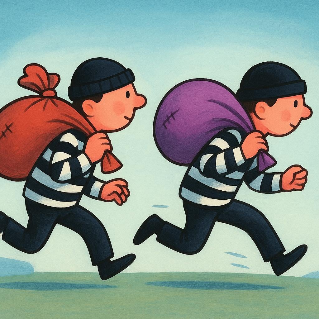 Two cartoonish figures in simple black and white striped outfits sneaking away quickly from the edge of the frame, each carrying a large, bulging sack over their shoulders, symbolizing criminals.