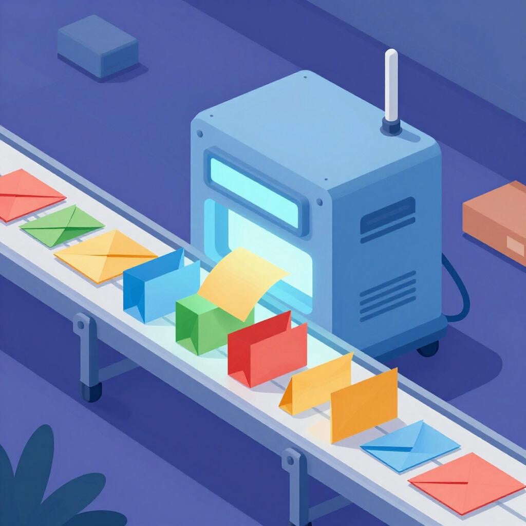 A row of colorful folders moving along a bright conveyor belt into a glowing computer box.