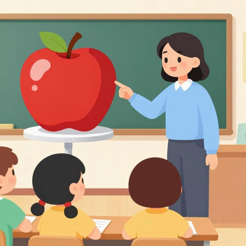 A teacher pointing at a large, colorful picture of an apple to explain what it is.
