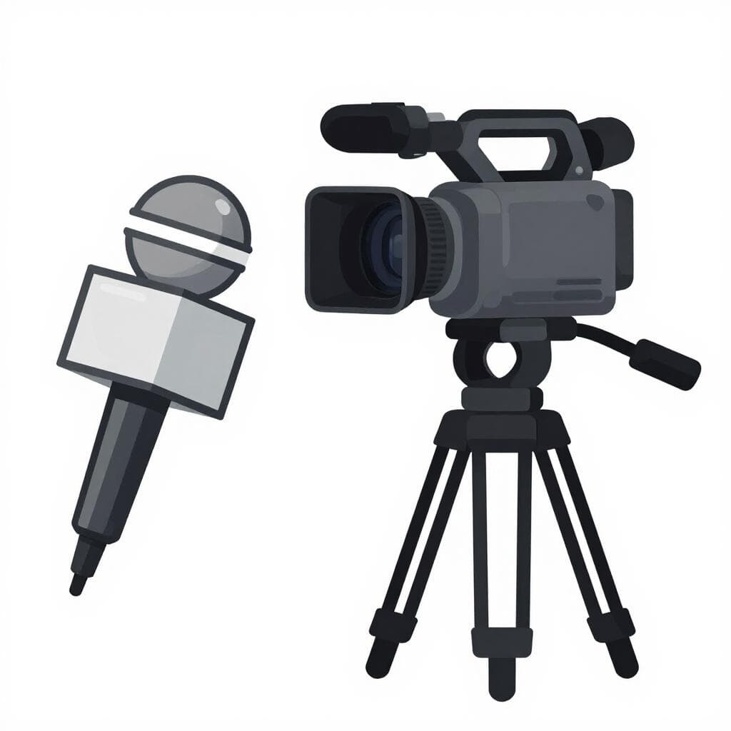 Un microphone classique en métal et une caméra professionnelle installés pour le reportage.