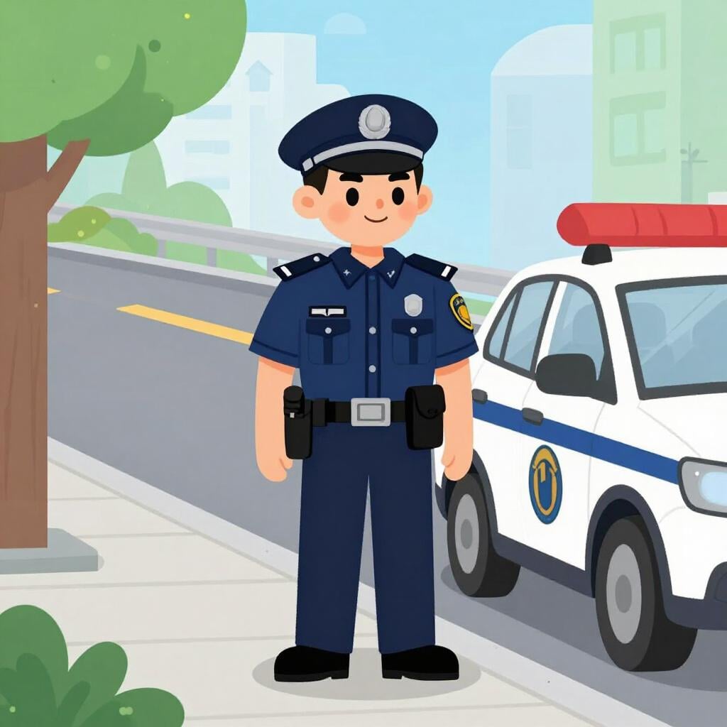 Ein freundlicher Polizist in blauer Uniform steht neben einem kleinen Streifenwagen auf einer Stadtstraße.