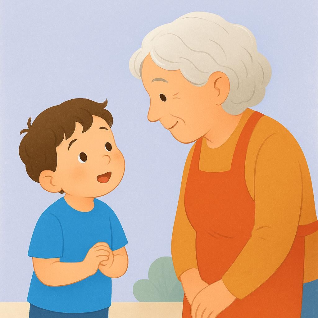 A small child leaning forward to ask a question to an older person wearing an apron.